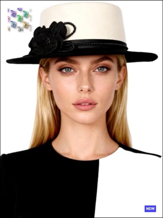 Dome and Flat Brim Wool Felt Fedora Hat with Flower Beaded Decoration for Church main image 5